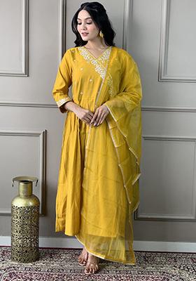 Yellow Embroidered Viscose Kurta Set
