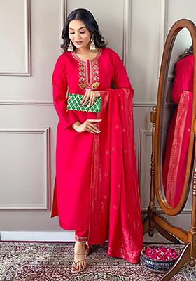 Red Embroidered Viscose Kurta Set
