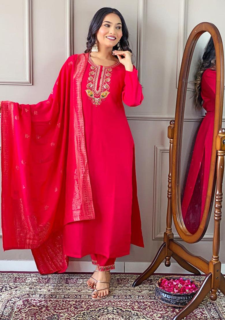 Red Embroidered Viscose Kurta Set
