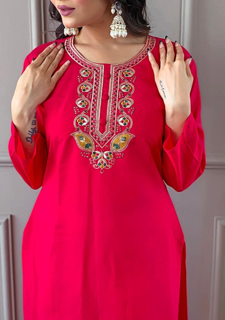 Red Embroidered Viscose Kurta Set