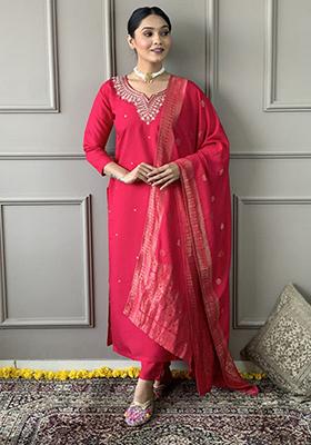 Red Embroidered Viscose Kurta Set