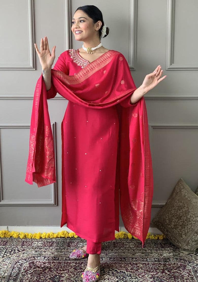 Red Embroidered Viscose Kurta Set