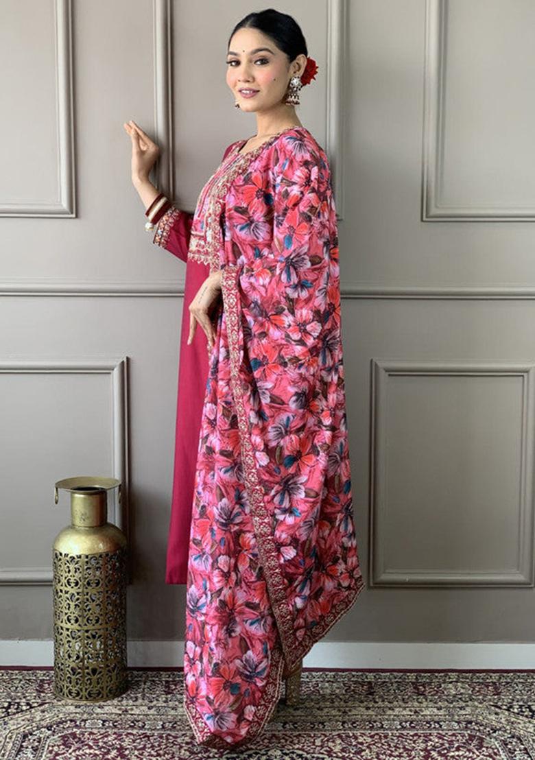Rani Pink Embroidered Viscose Kurta Set