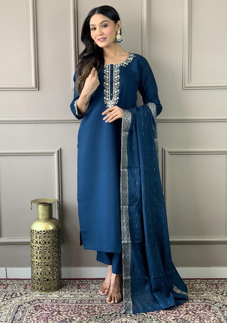 Blue Embroidered Viscose Kurta Set