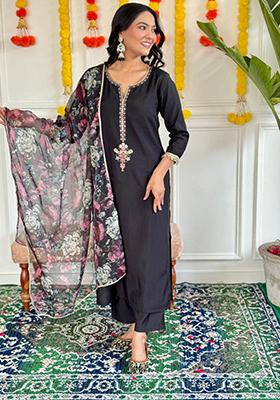 Black Embroidered Rayon Kurta Set