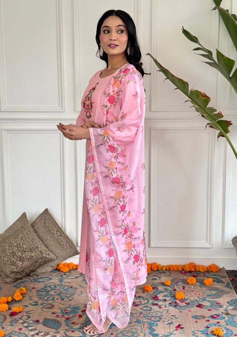 Peach Embroidered Rayon Kurta Set