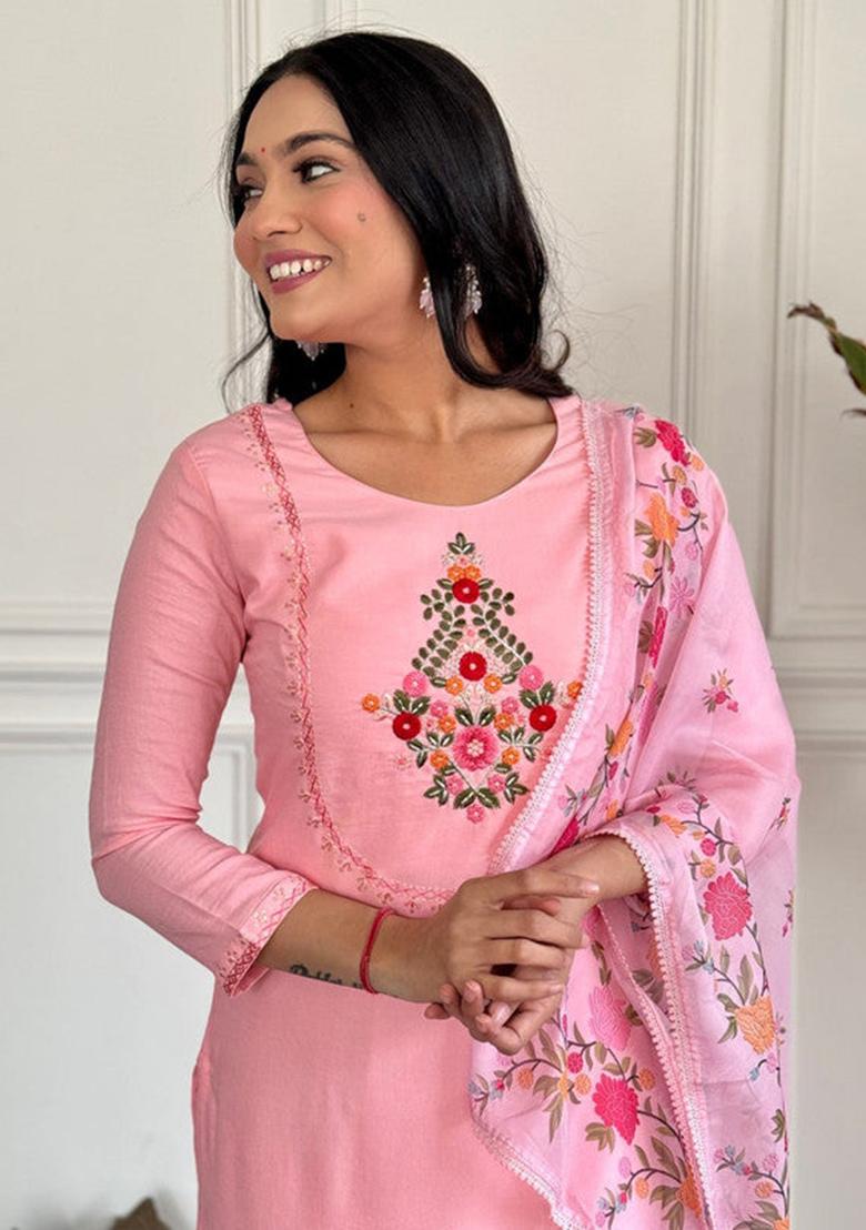 Peach Embroidered Rayon Kurta Set