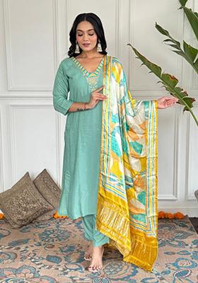 Pista Green Embroidered Viscose Kurta Set