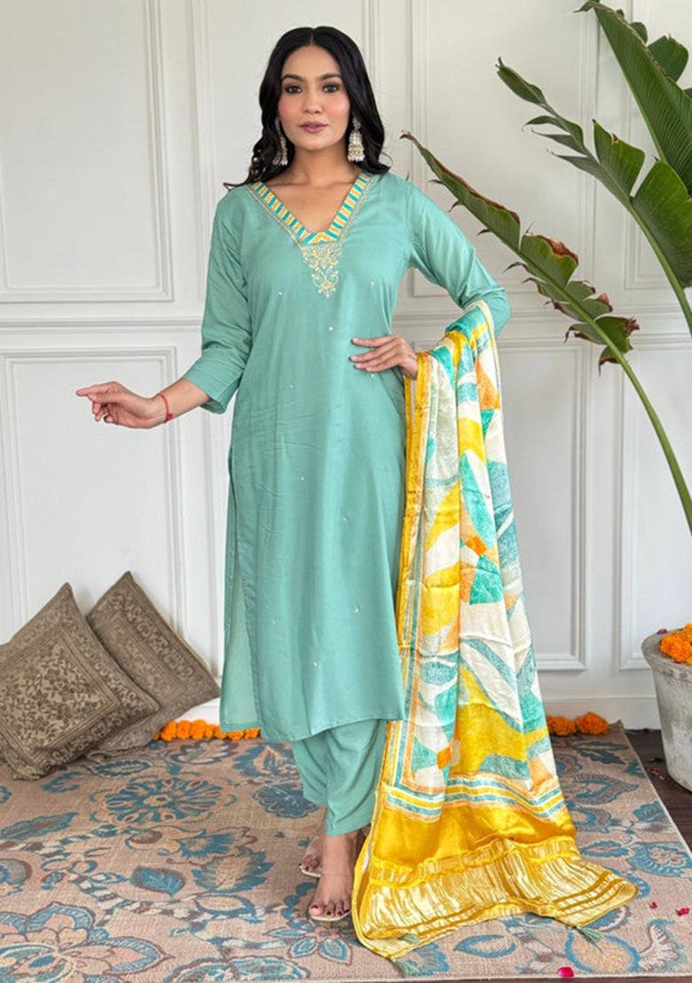 Pista Green Embroidered Viscose Kurta Set
