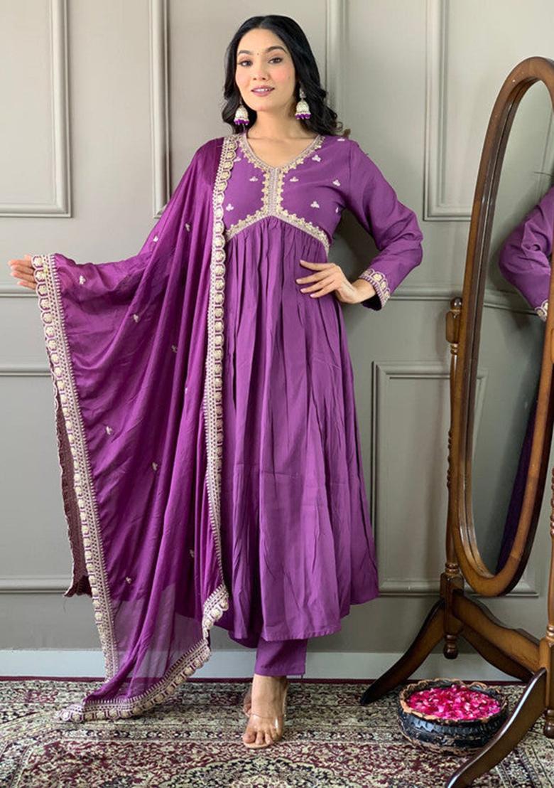 Purple Embroidered Viscose Kurta Set