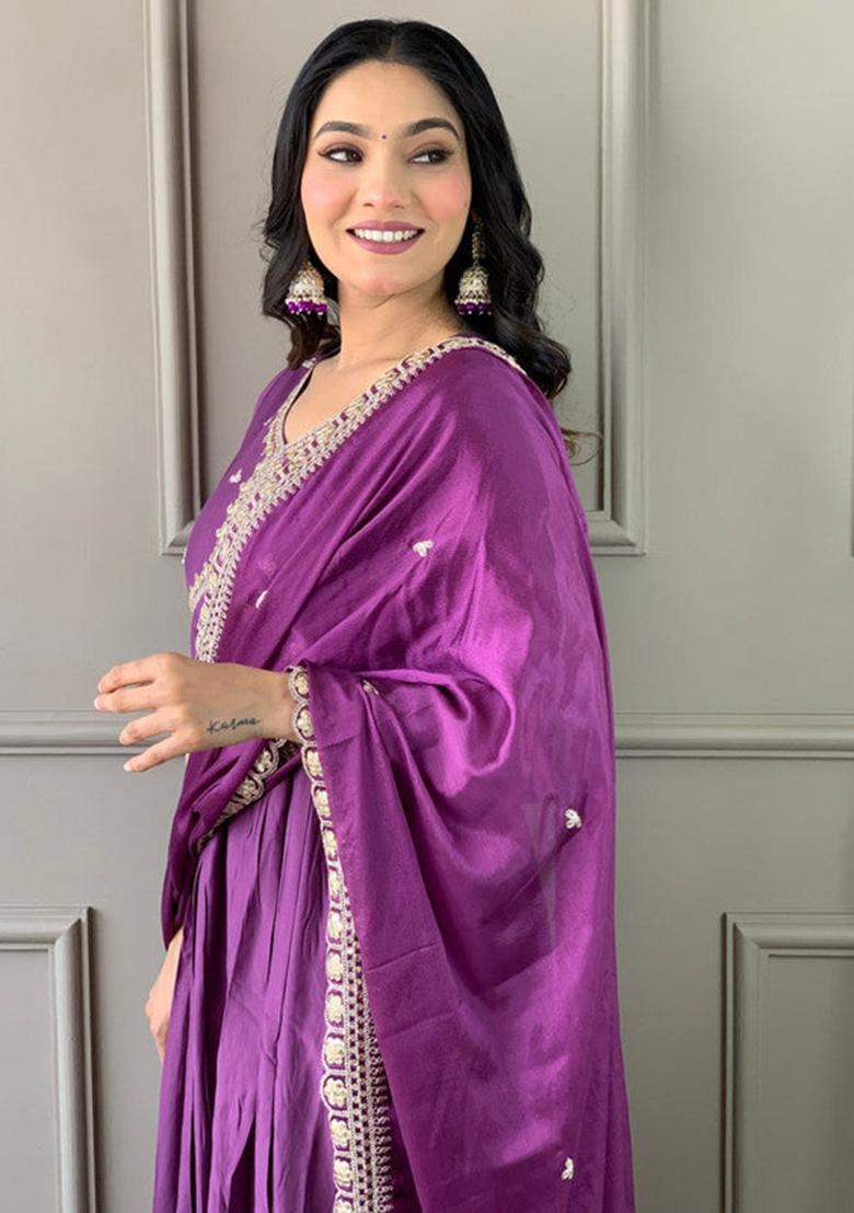 Purple Embroidered Viscose Kurta Set
