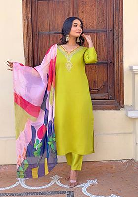 Yellow Embroidered Rayon Kurta Set