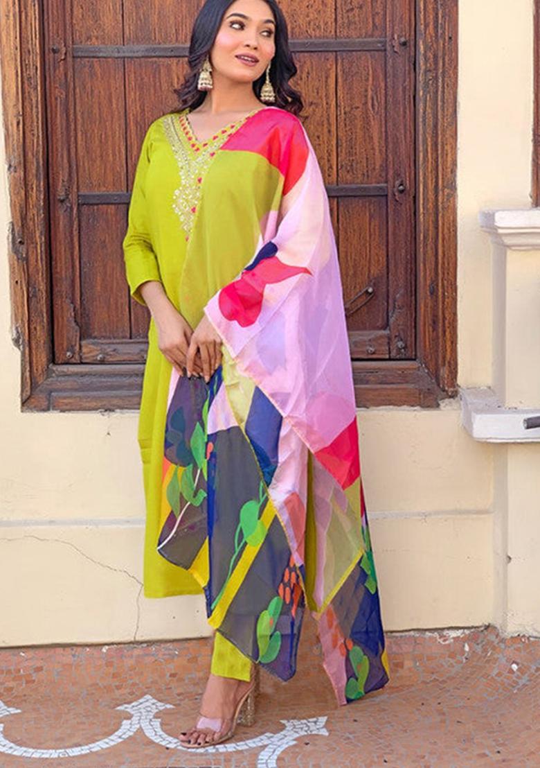 Yellow Embroidered Rayon Kurta Set