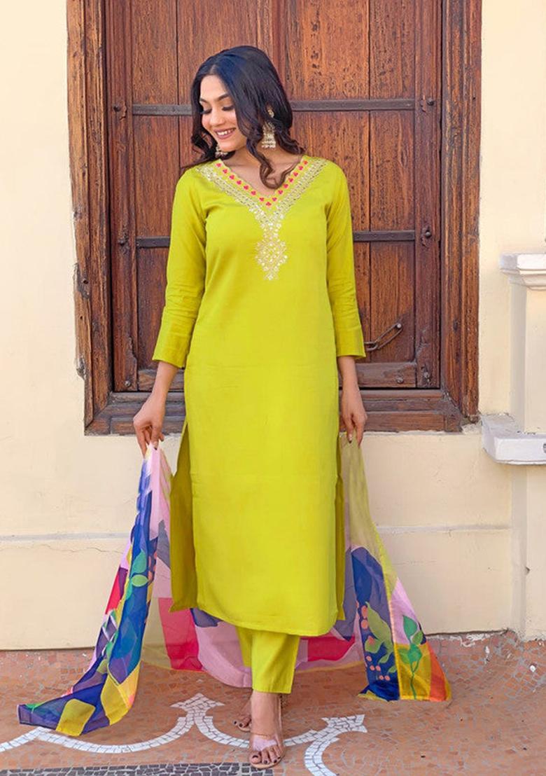 Yellow Embroidered Rayon Kurta Set