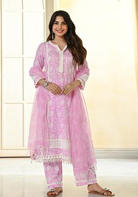 Pink Embroidered Cotton Kurta Set