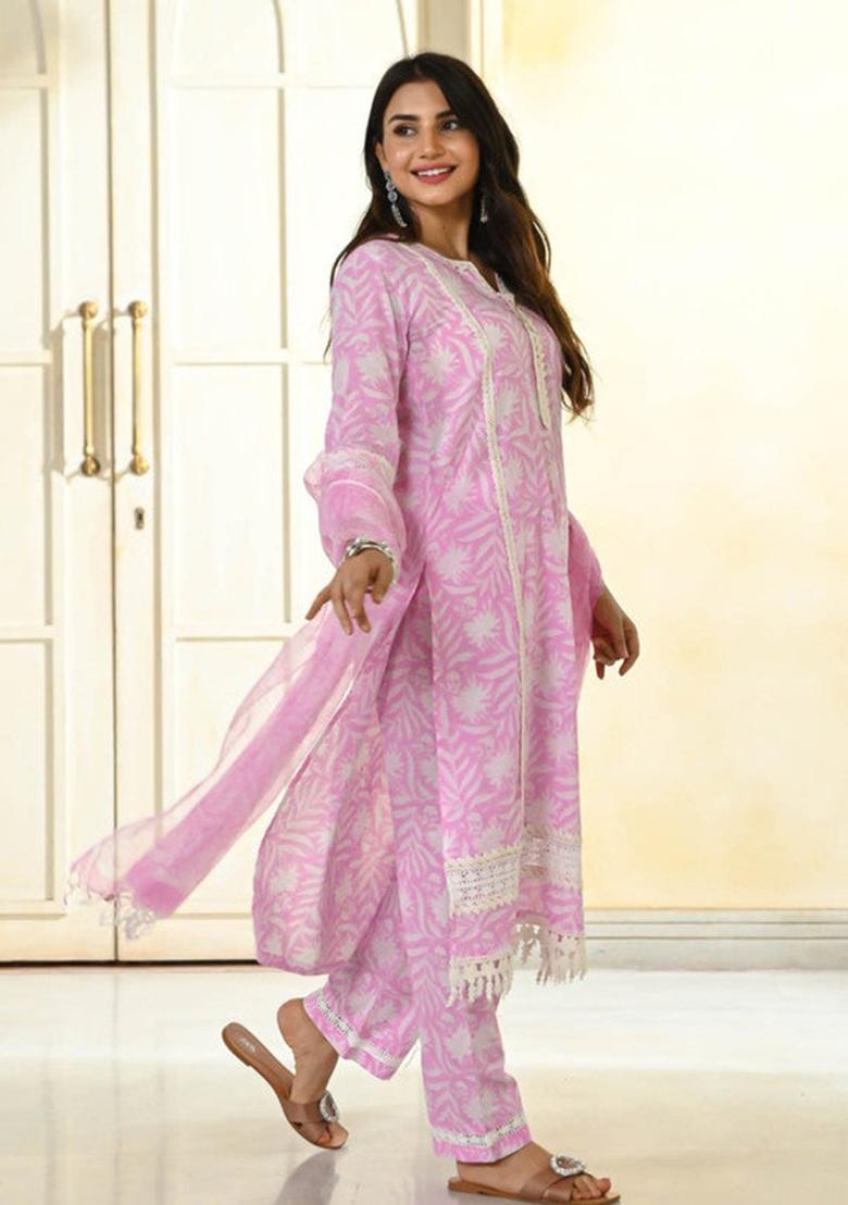 Pink Embroidered Cotton Kurta Set
