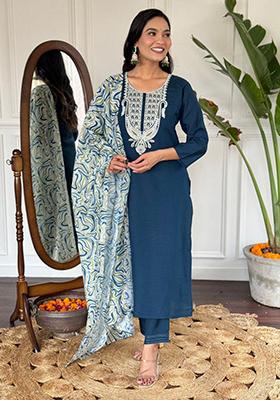 Blue Embroidered Cotton Kurta Set