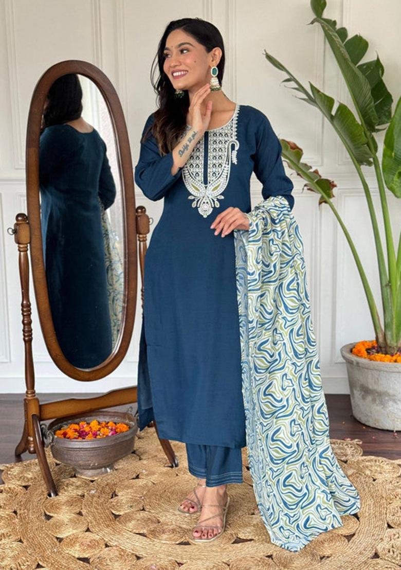 Blue Embroidered Cotton Kurta Set