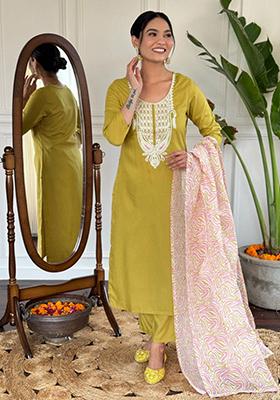 Mustard Embroidered Cotton Kurta Set
