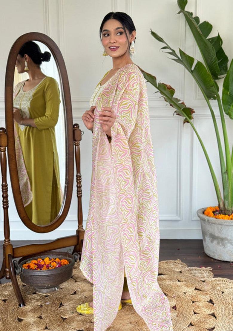 Mustard Embroidered Cotton Kurta Set