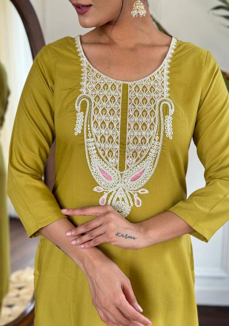 Mustard Embroidered Cotton Kurta Set
