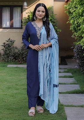 Blue Embroidered Cotton Kurta Set