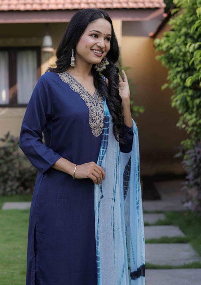 Blue Embroidered Cotton Kurta Set
