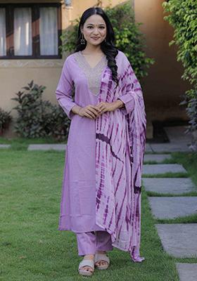 Lavender Embroidered Cotton Kurta Set