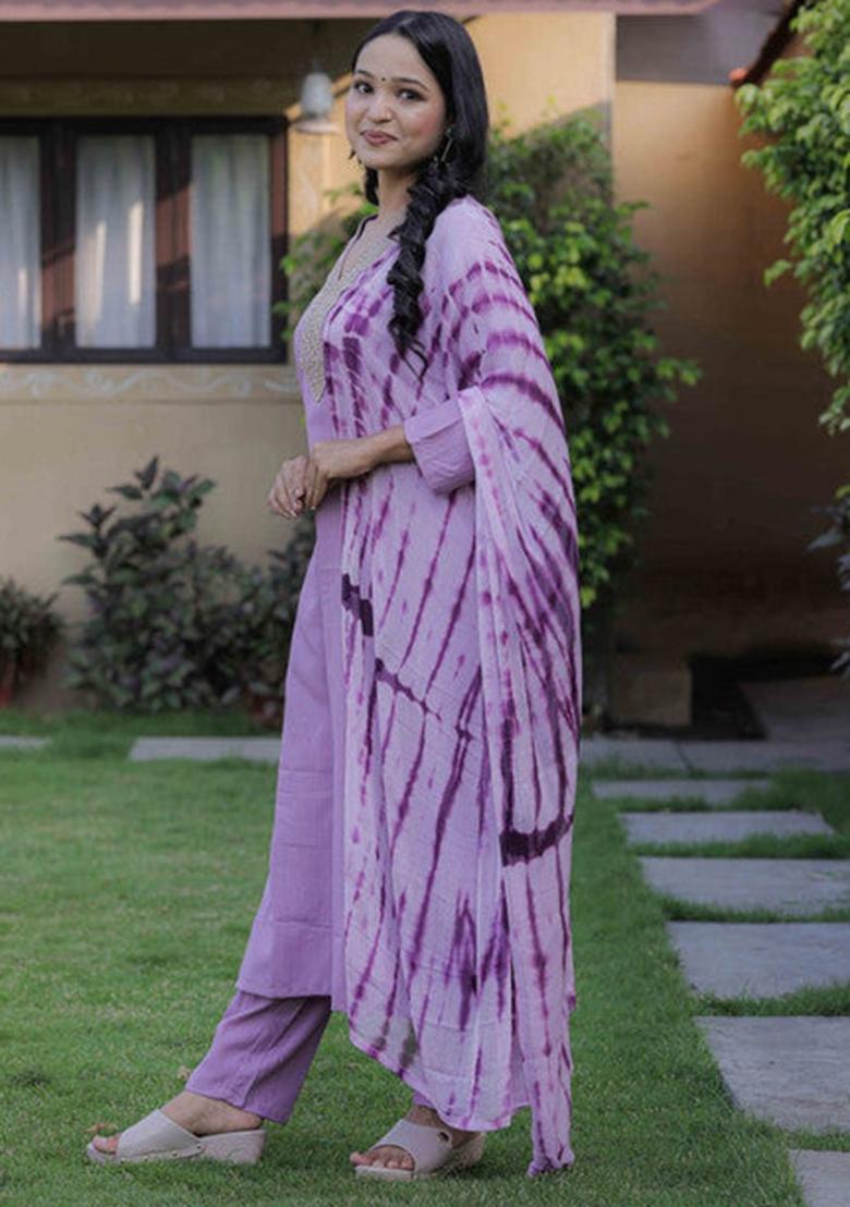 Lavender Embroidered Cotton Kurta Set