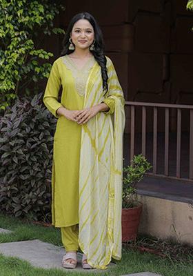 Lemon Green Embroidered Cotton Kurta Set