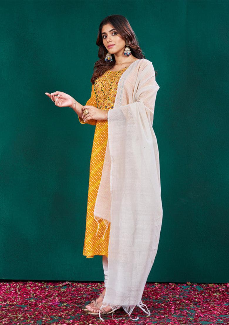 Yellow Embroidered Rayon Kurta Set