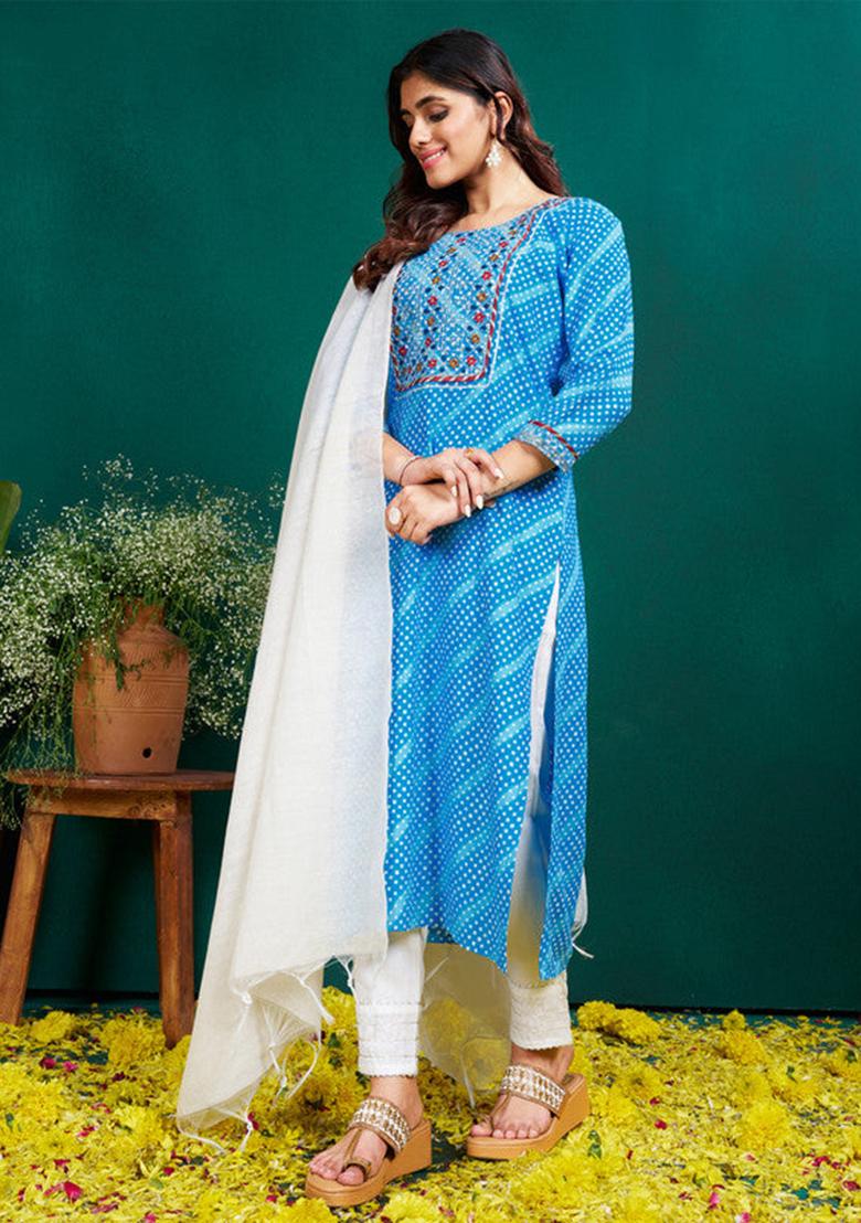 Sky Blue Embroidered Rayon Kurta Set
