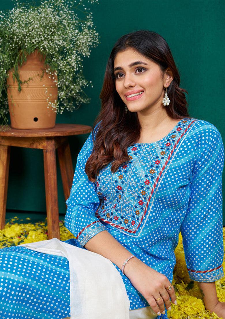 Sky Blue Embroidered Rayon Kurta Set