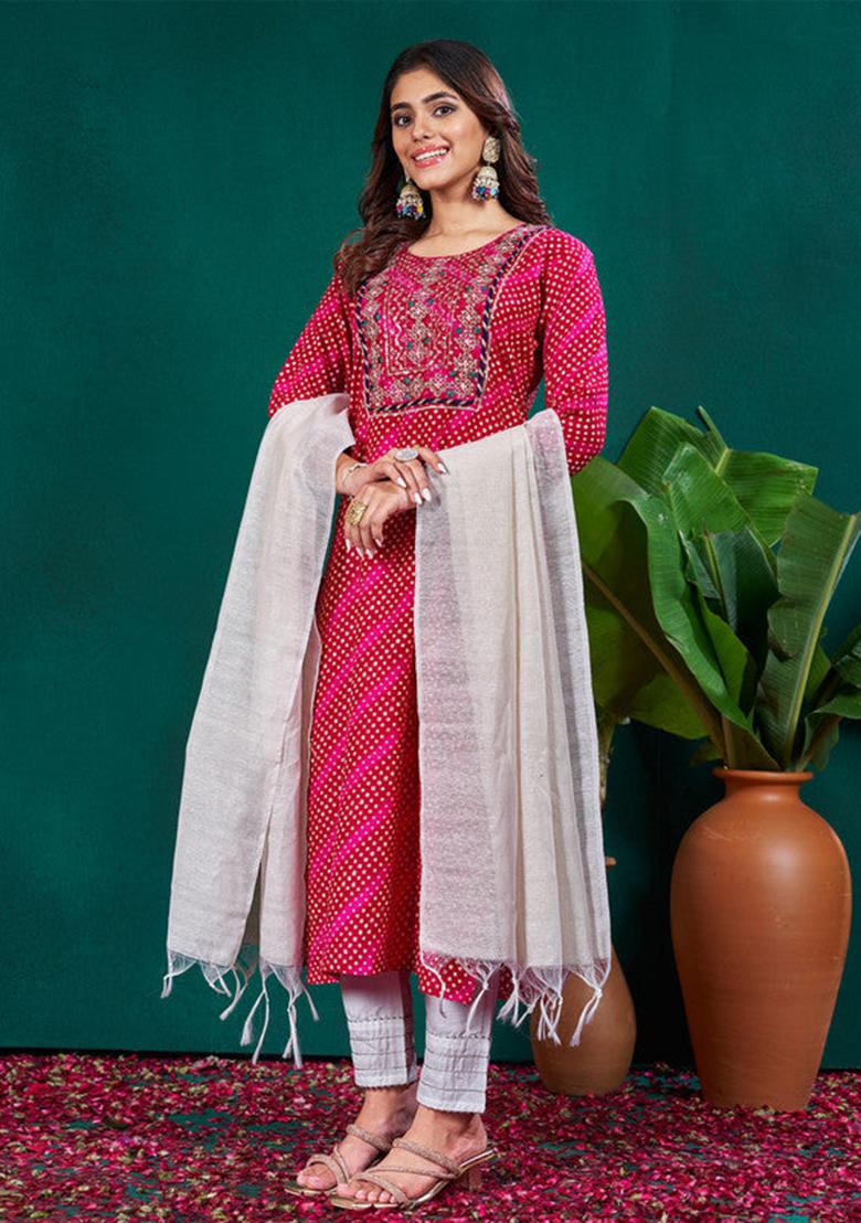 Rani Pink Embroidered Rayon Kurta Set