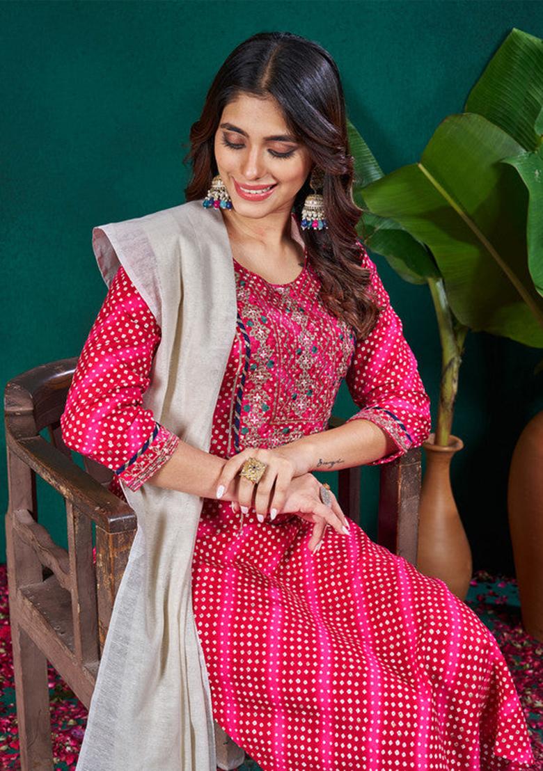 Rani Pink Embroidered Rayon Kurta Set