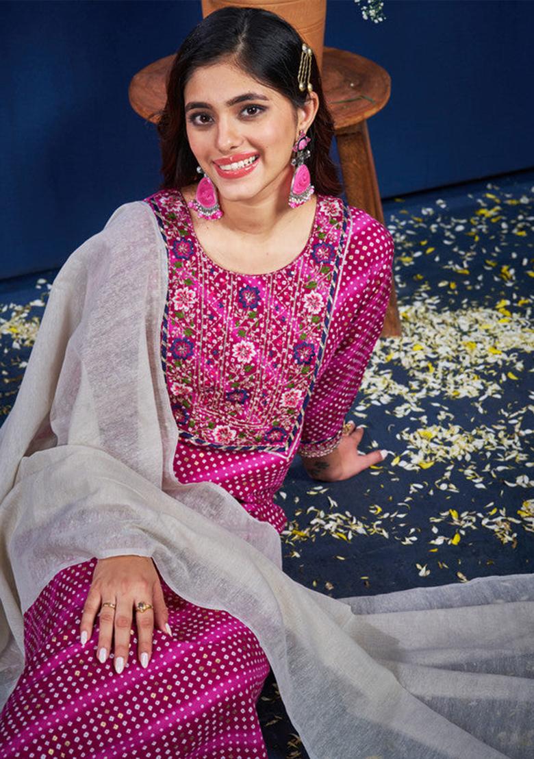 Purple Embroidered Rayon Kurta Set