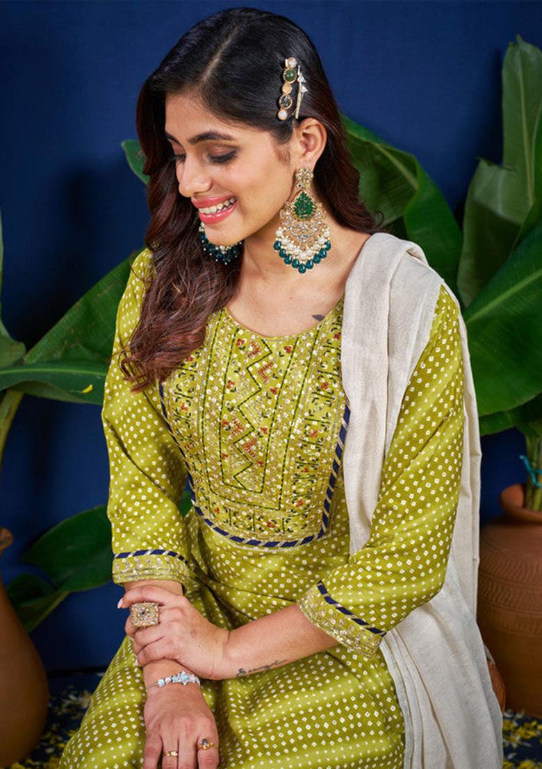 Parrot Green Embroidered Rayon Kurta Set