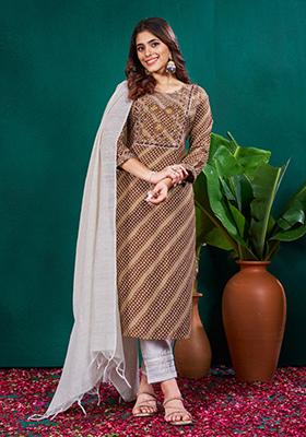 Brown Embroidered Rayon Kurta Set