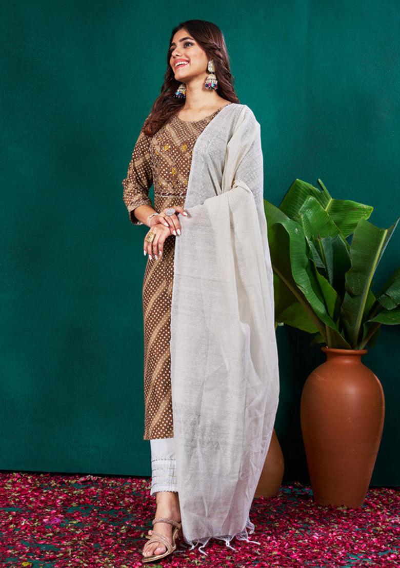 Brown Embroidered Rayon Kurta Set
