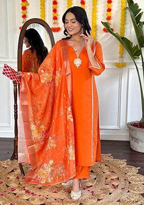 Orange Embroidered Viscose Kurta Set