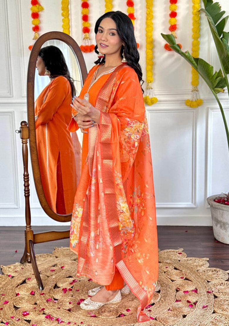 Orange Embroidered Viscose Kurta Set