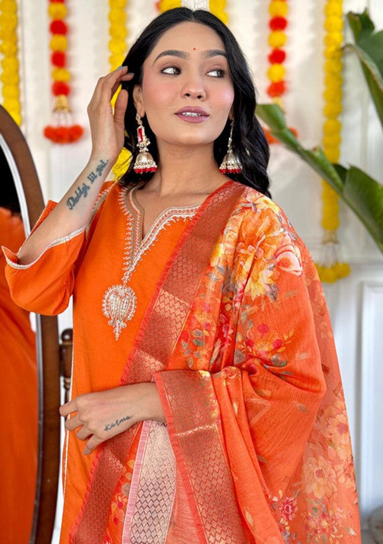 Orange Embroidered Viscose Kurta Set