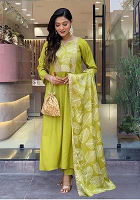 Yellow Embroidered Viscose Kurta Set