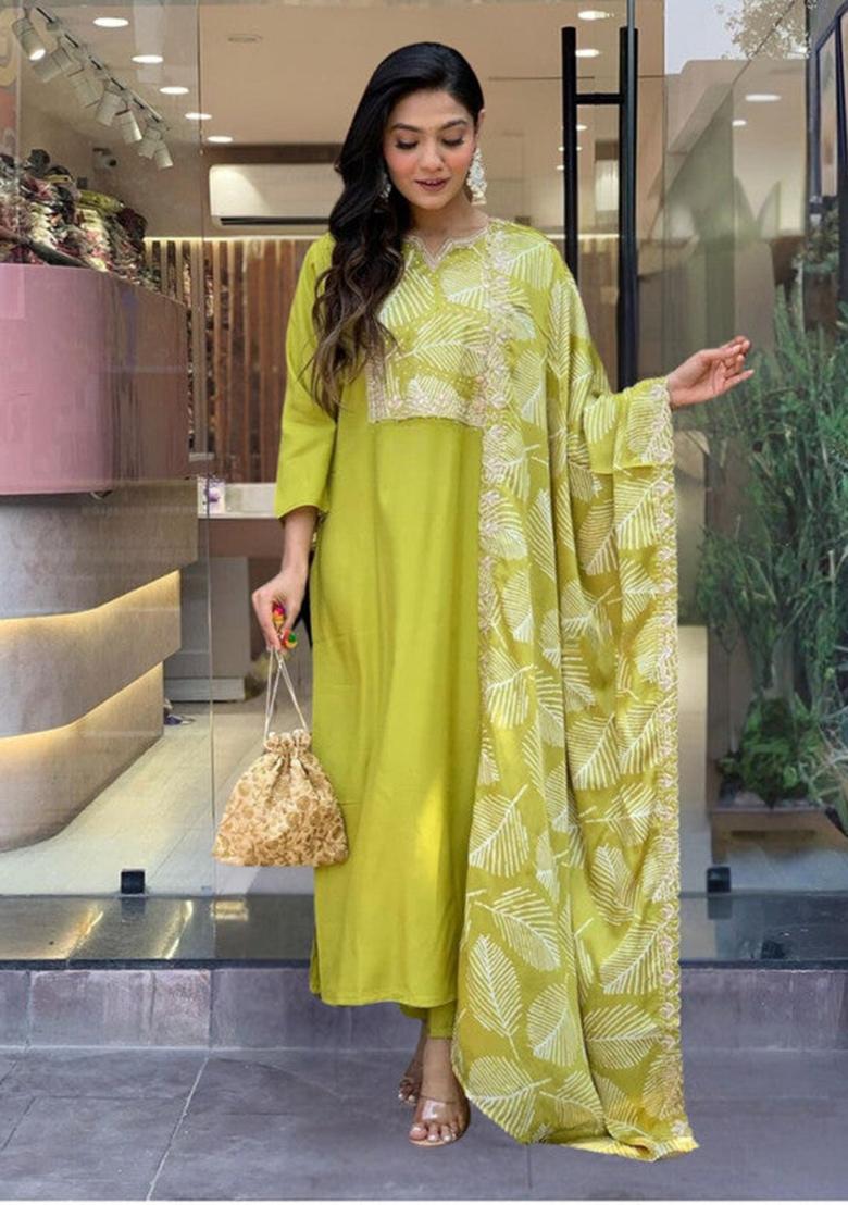 Yellow Embroidered Viscose Kurta Set