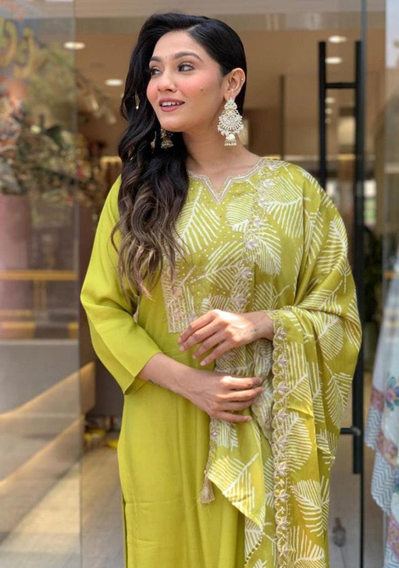 Yellow Embroidered Viscose Kurta Set