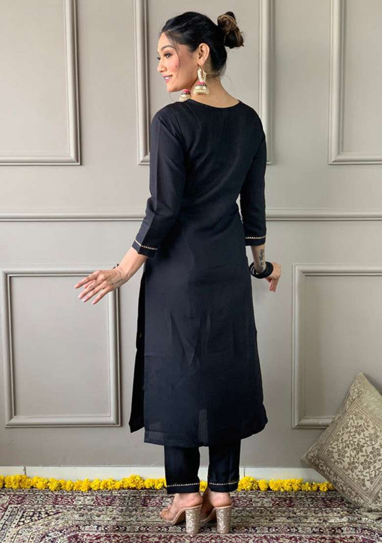 Black Embroidered Rayon Straight Kurta Set - Indya