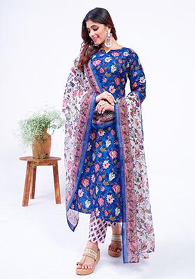 Blue Printed Cotton Kurta Set