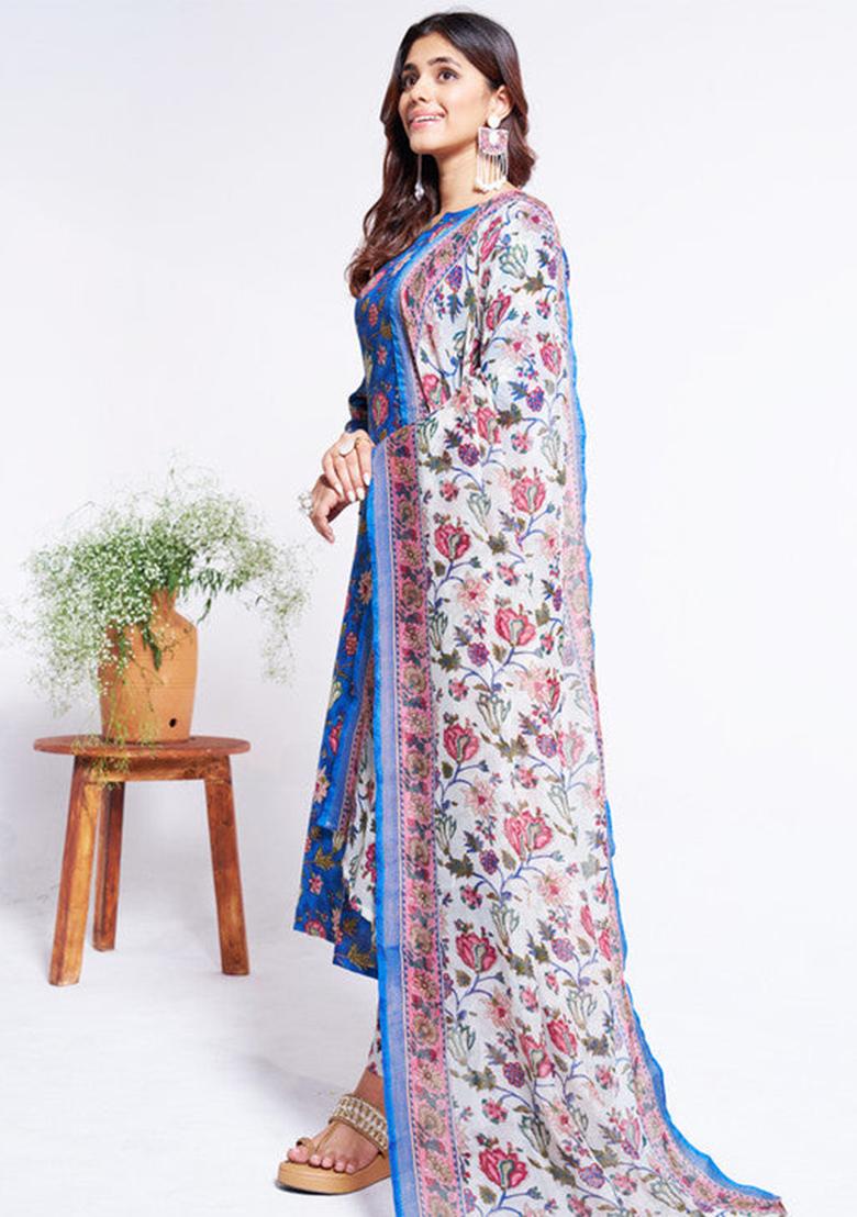 Blue Printed Cotton Kurta Set