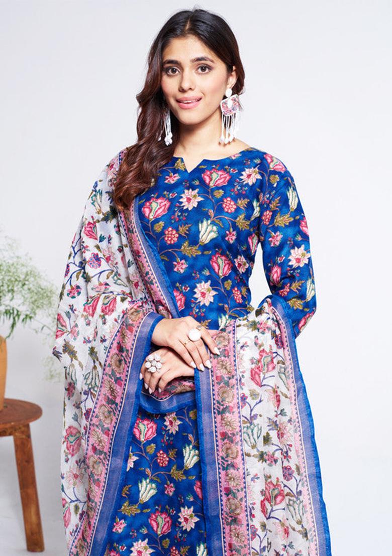Blue Printed Cotton Kurta Set