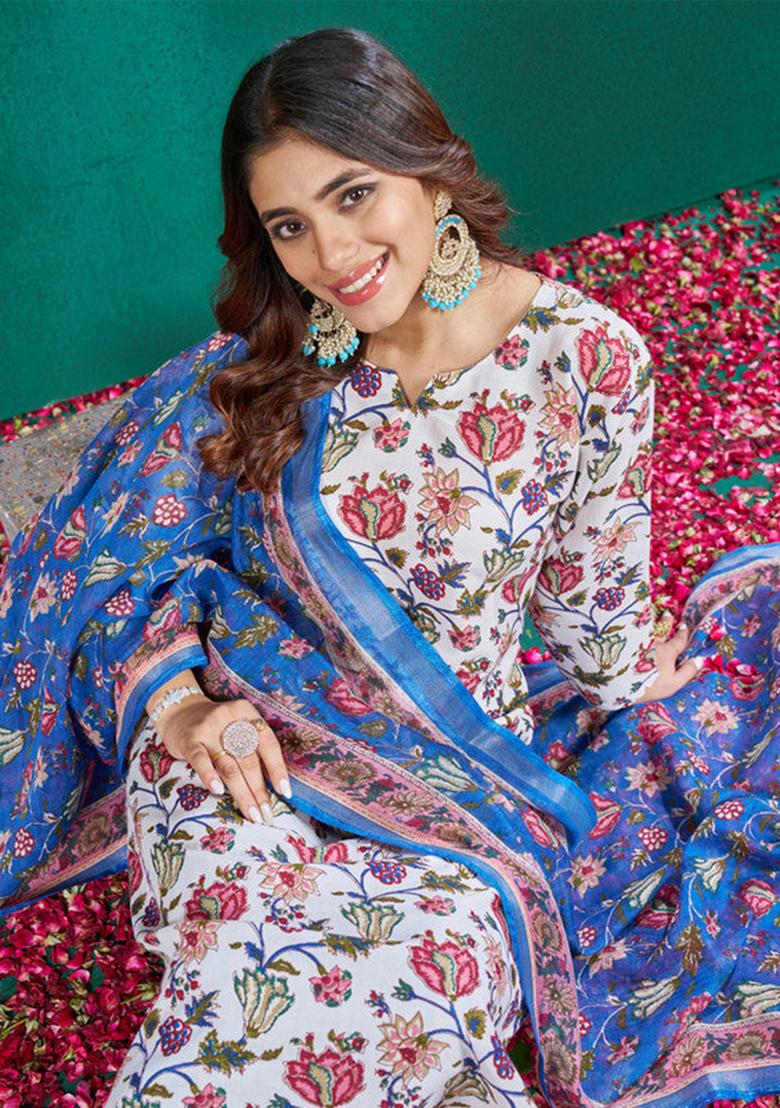 White Printed Cotton Kurta Set